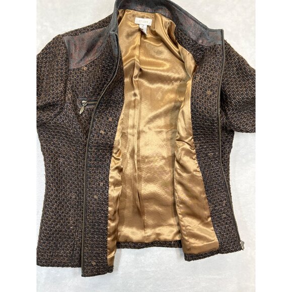 Chicos Jacket Blazer Womens Size 2 Brown Tweed Metallic Leather Trim - Picture 3 of 7